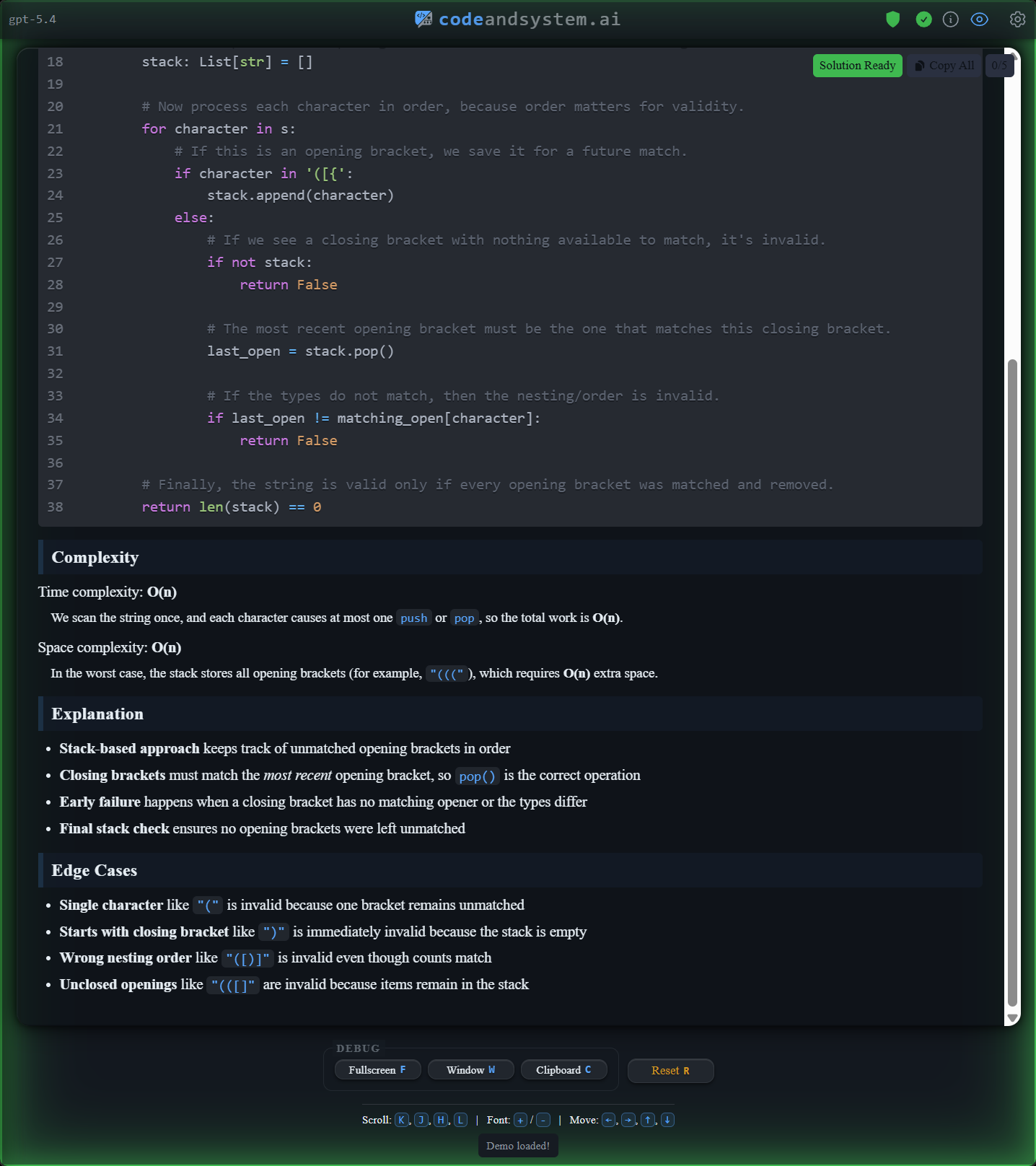 Complexity analysis, explanation, and edge cases for Valid Parentheses